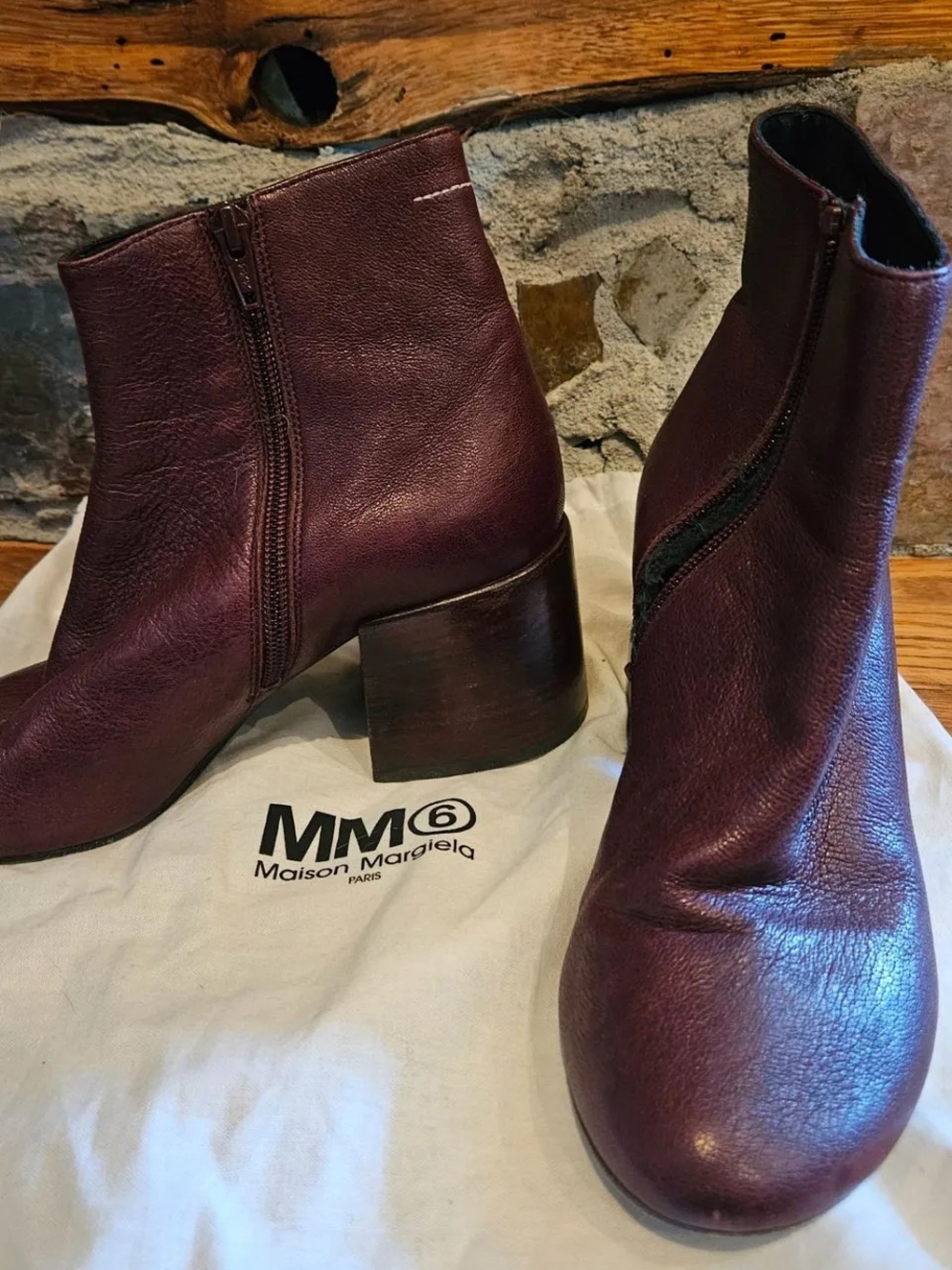 Maison Martin Margiela Burgundy Leather Block-Heel Ankle Boots